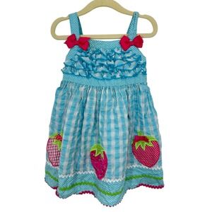 Vintage Youngland Bambin Kids Girls Blue Gingham Strawberry Dress Size 3T